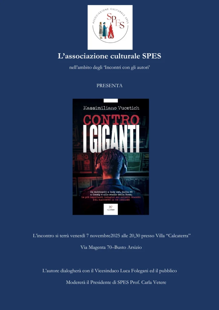Locandina dell'Associazione culturale SPES riguardante l'incontro con lo scrittore Massimiliano Vucetich